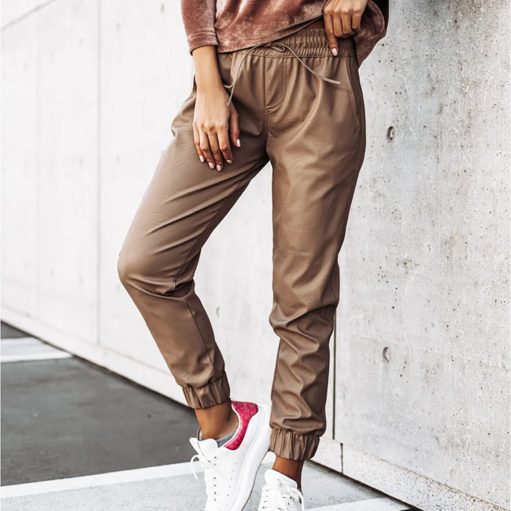 Women Drawstring PU Leather Pants Elastic Waist Slim Fit Tapered Cuff PU Leather Slacks Khaki XL