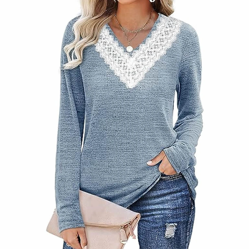 Women Blouse Long Sleeves V Neck Lace Design Loose Fit Women Shirt Pullover for Office Travel Light Blue XL