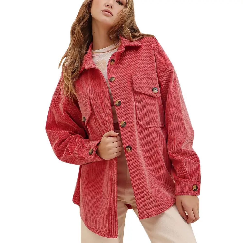 Women Long Sleeve Shacket Pure Color Loose Casual Button Blouse Jacket Coat with Front Pockets Watermelon Red XXL