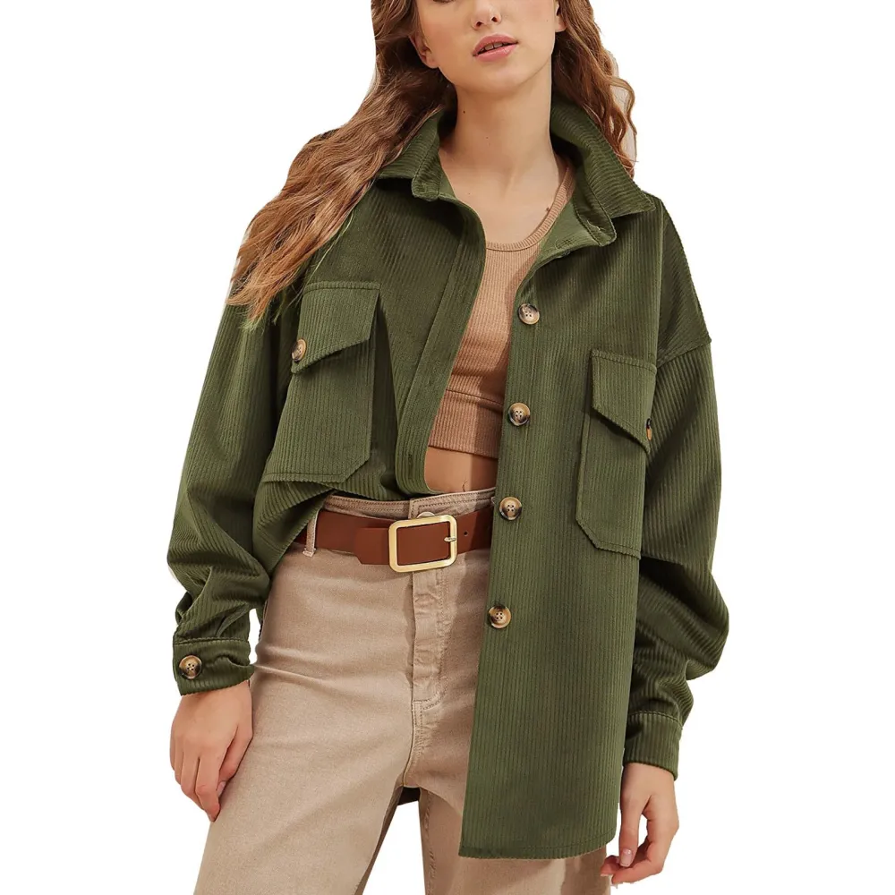 Women Long Sleeve Shacket Pure Color Loose Casual Button Blouse Jacket Coat with Front Pockets Olive Green M