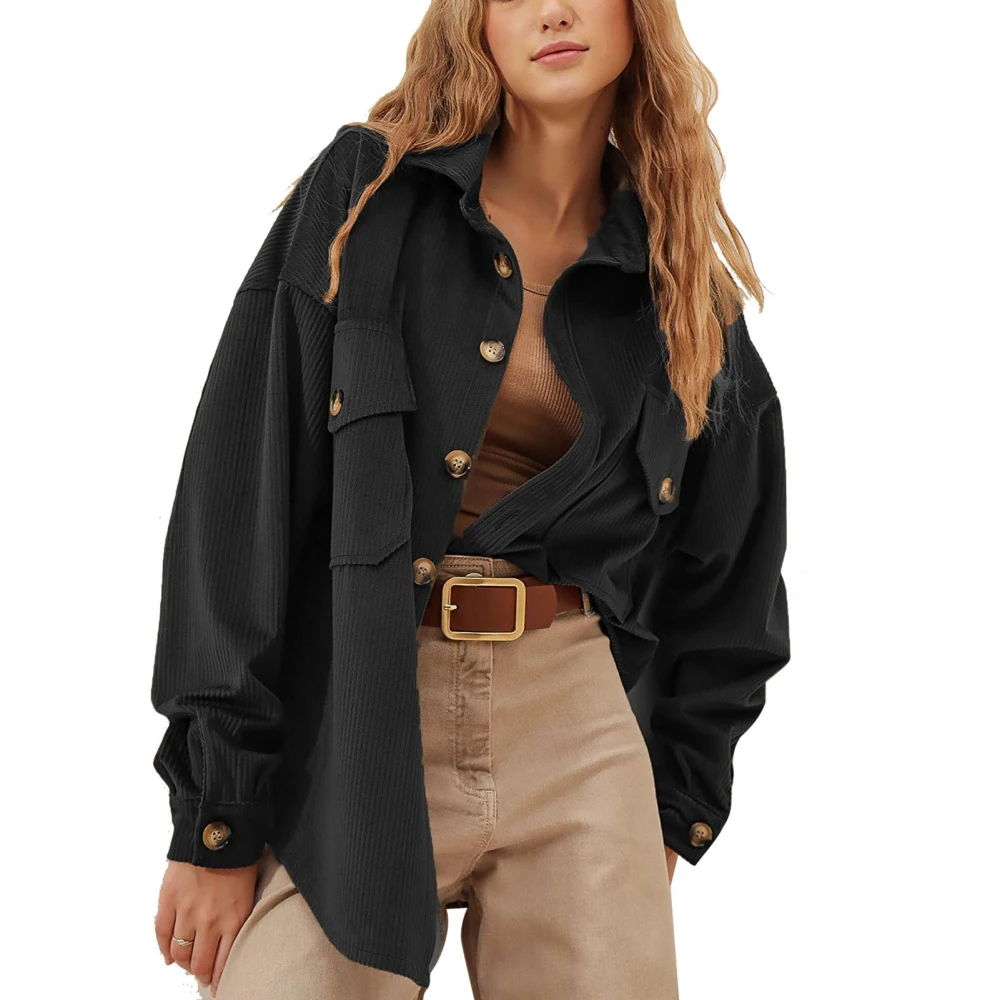 Women Long Sleeve Shacket Pure Color Loose Casual Button Blouse Jacket Coat with Front Pockets Black M