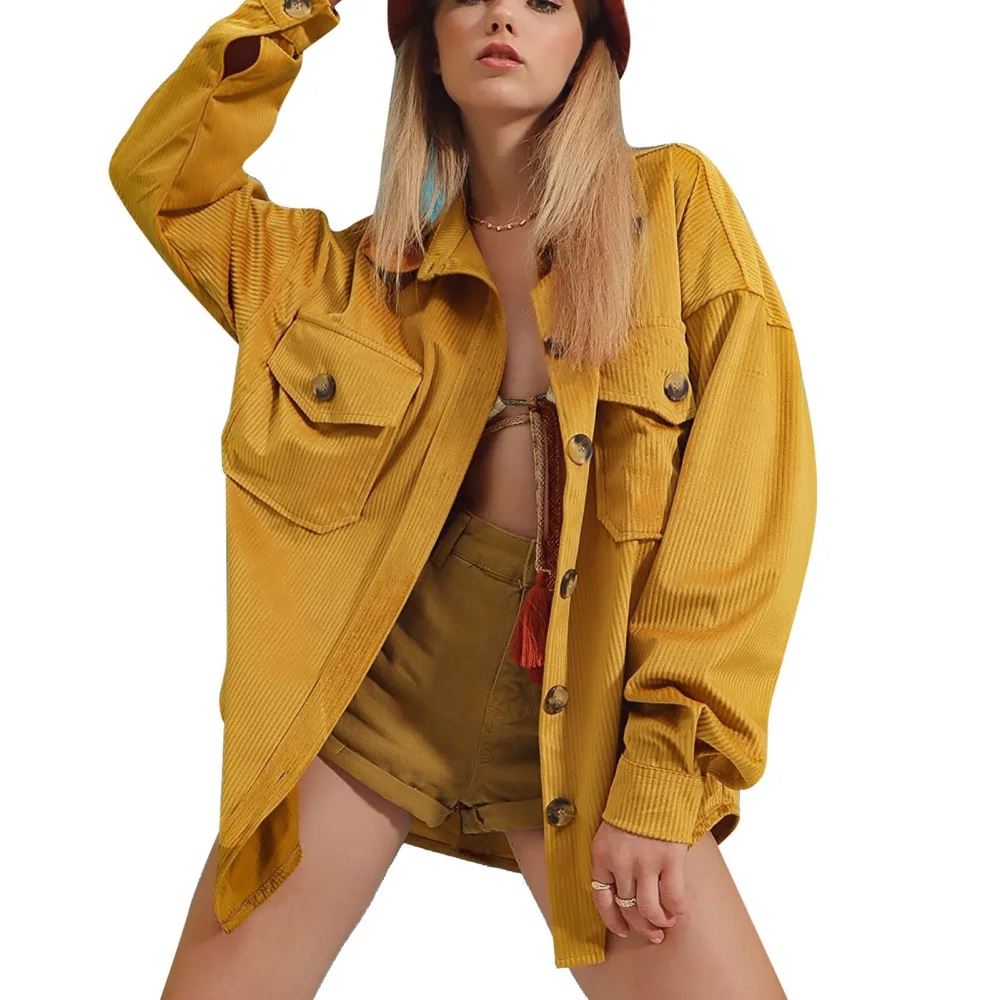 Women Long Sleeve Shacket Pure Color Loose Casual Button Blouse Jacket Coat with Front Pockets Earthy Yellow XXL