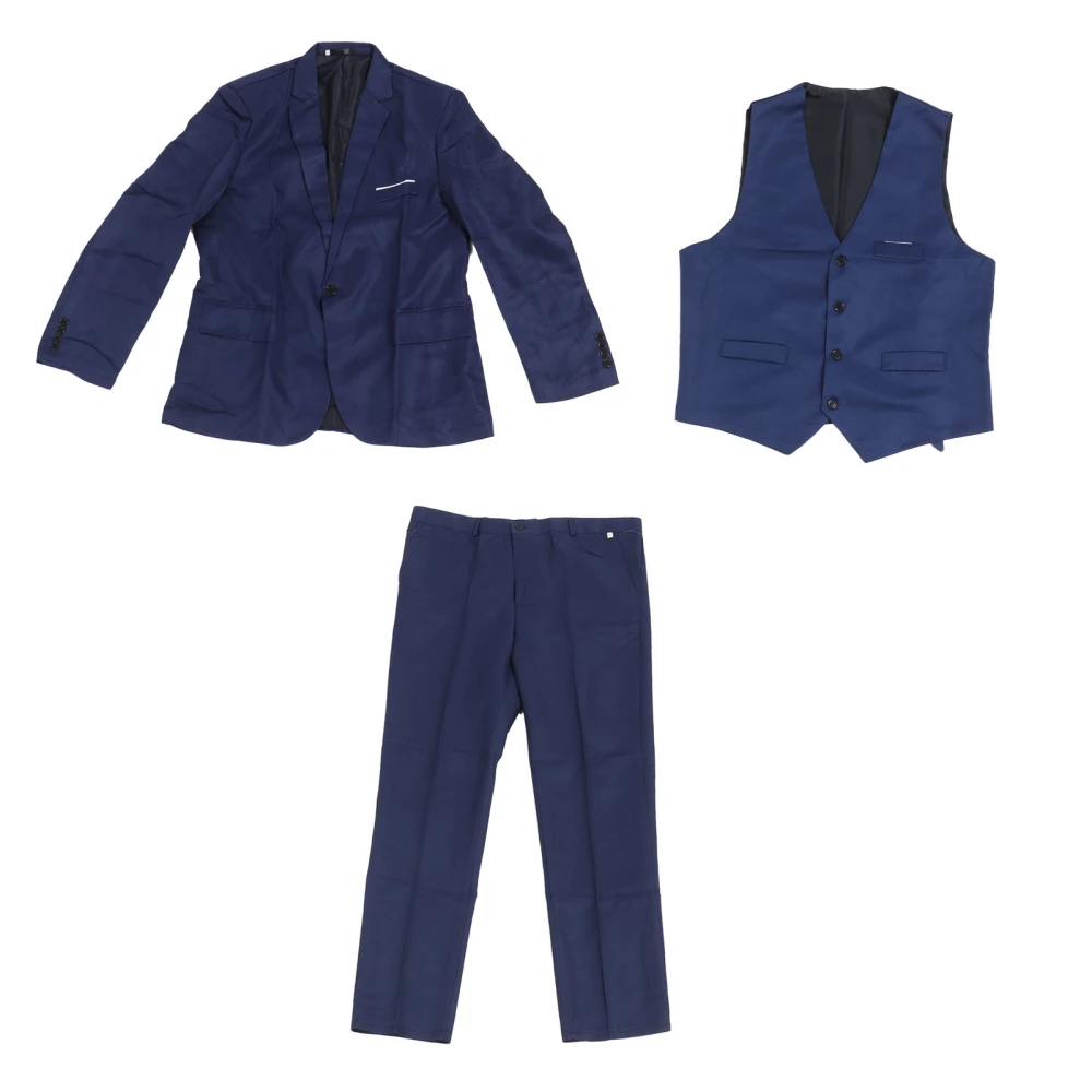 3 Pieces Men Jacket Vest Pants Set Turn Down Collar Chest Pocket 1 Button Slim Fit ​Dress Suit Navy Blue 2XL