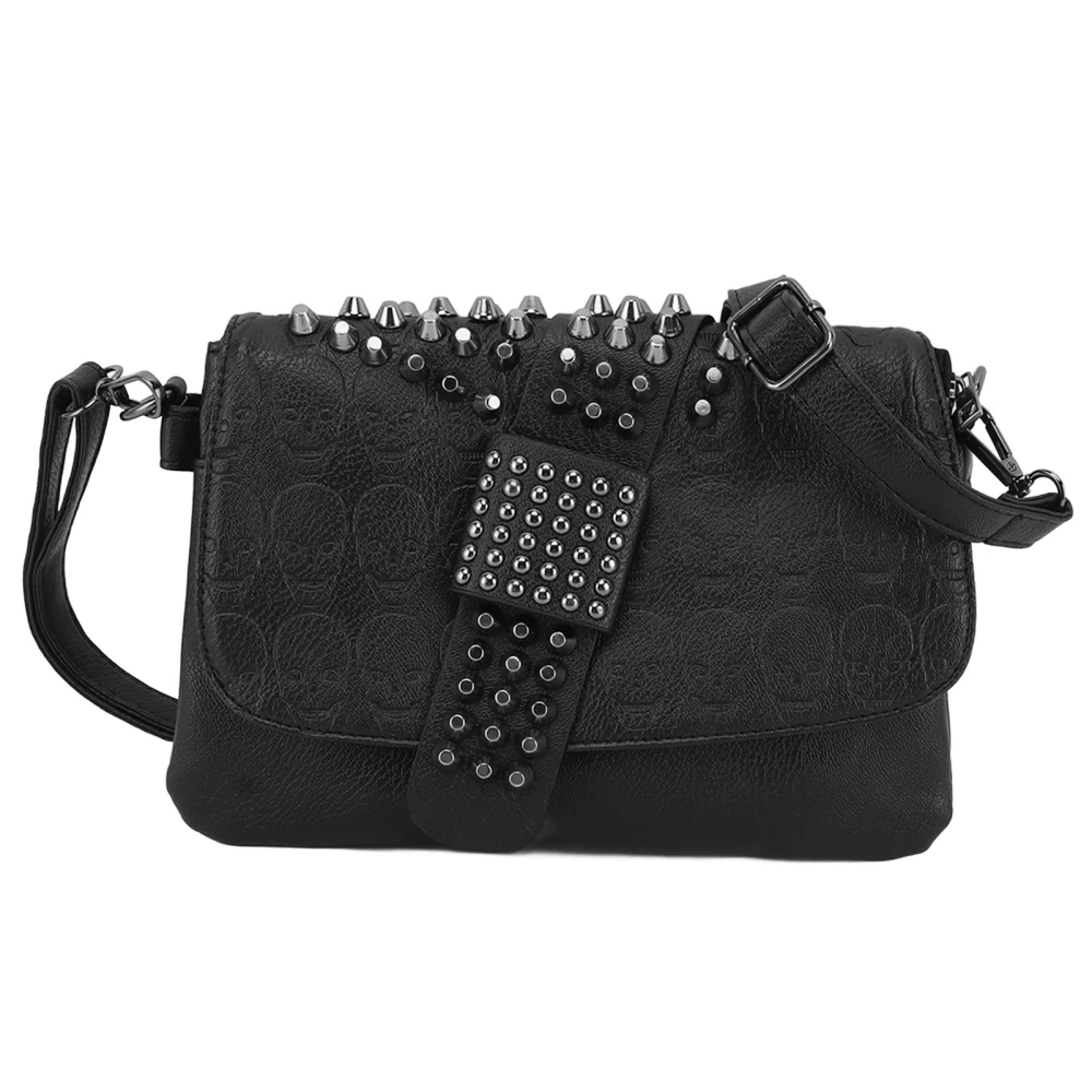 Women Shoulder Bag Rivets Decor Adjust Strap Length Messenger Bag with Hand Strap for Daily Use Black with Skull Pattern PVC