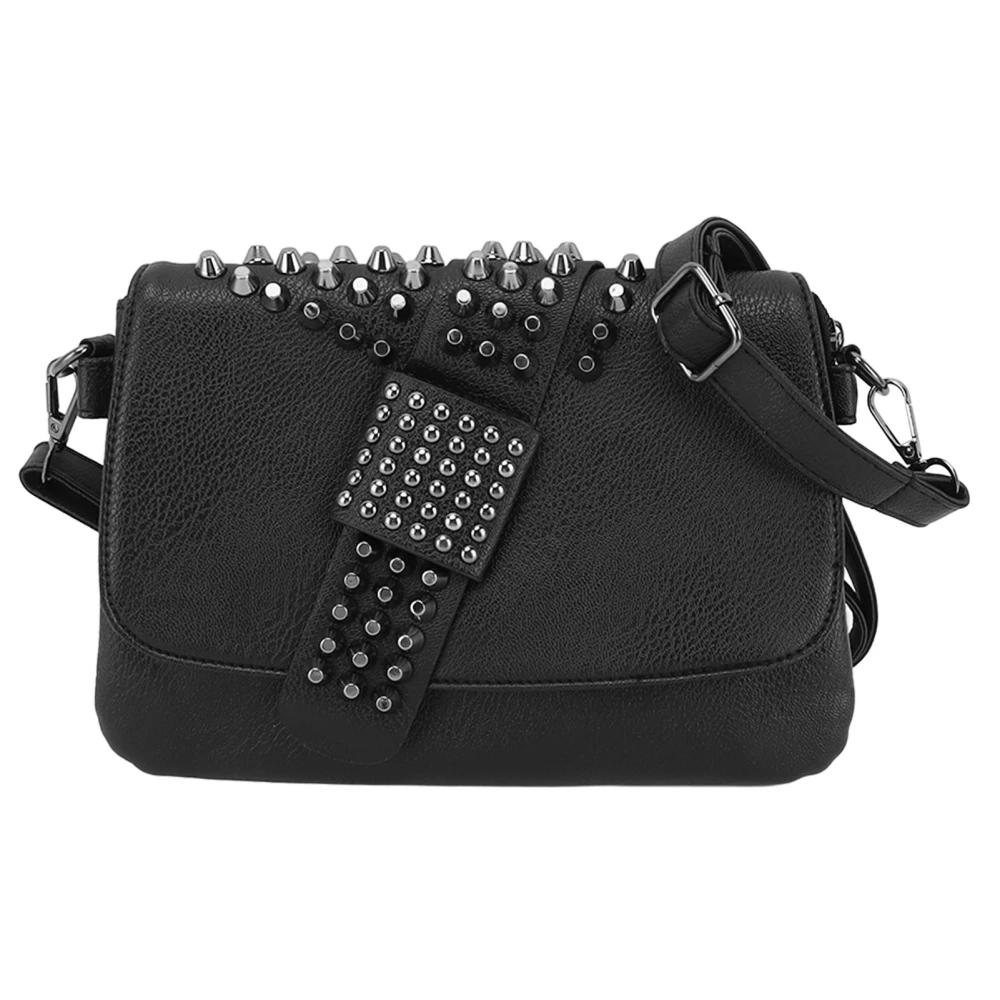 Women Shoulder Bag Rivets Decor Adjust Strap Length Messenger Bag with Hand Strap for Daily Use Black PVC