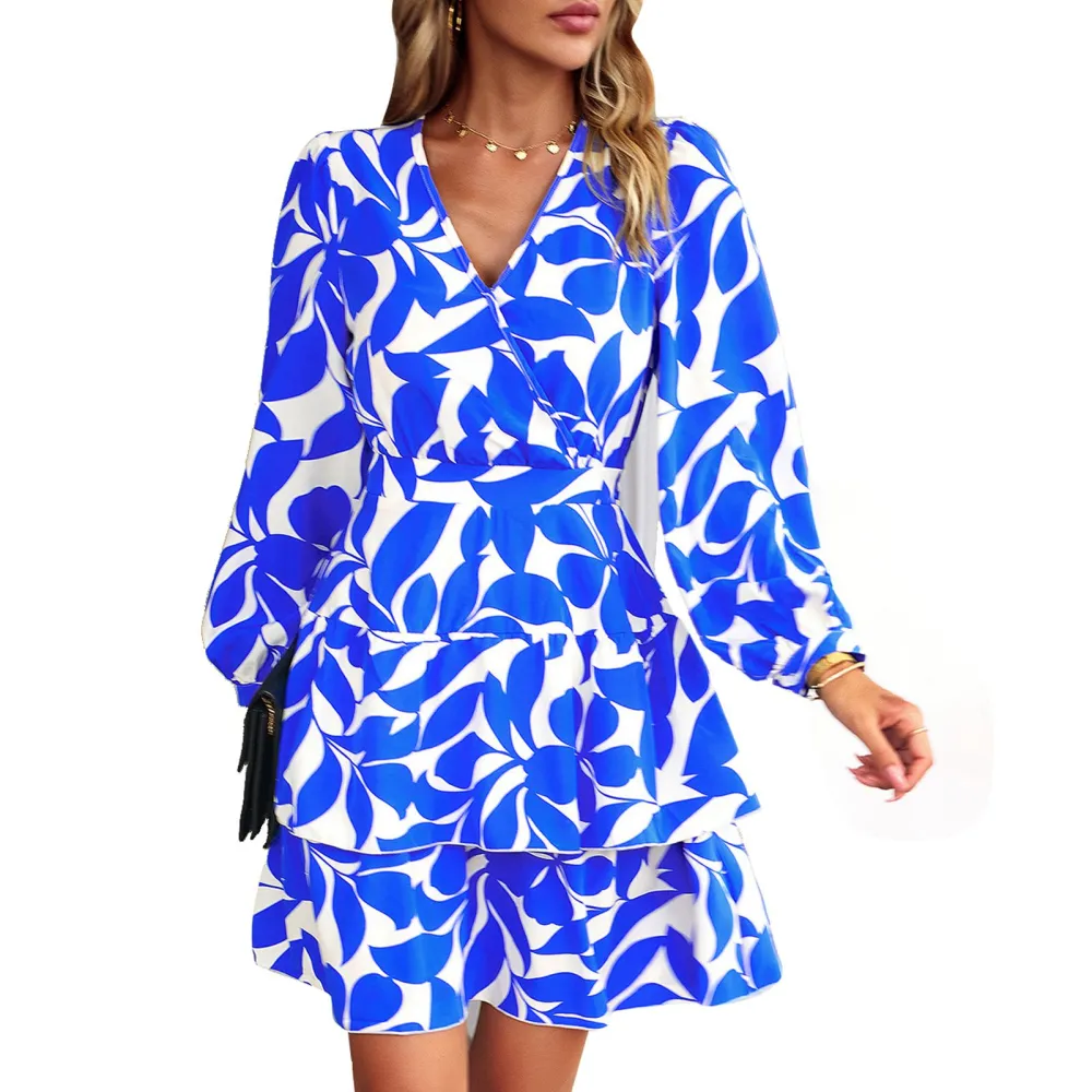 Print Long Sleeve Dress V Neck Waist Slim Tiered Ruffles Fashionable Elegant Dress for Party Vacation Blue XL