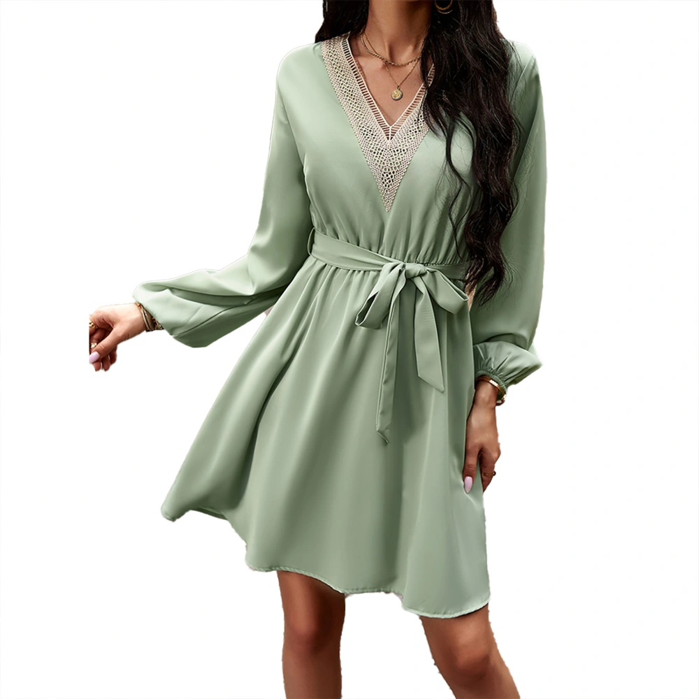 Long Sleeve Lace V Neck Dress Women Fashionable Elegant Belted Dress for Dating Holiday Party Light Green L