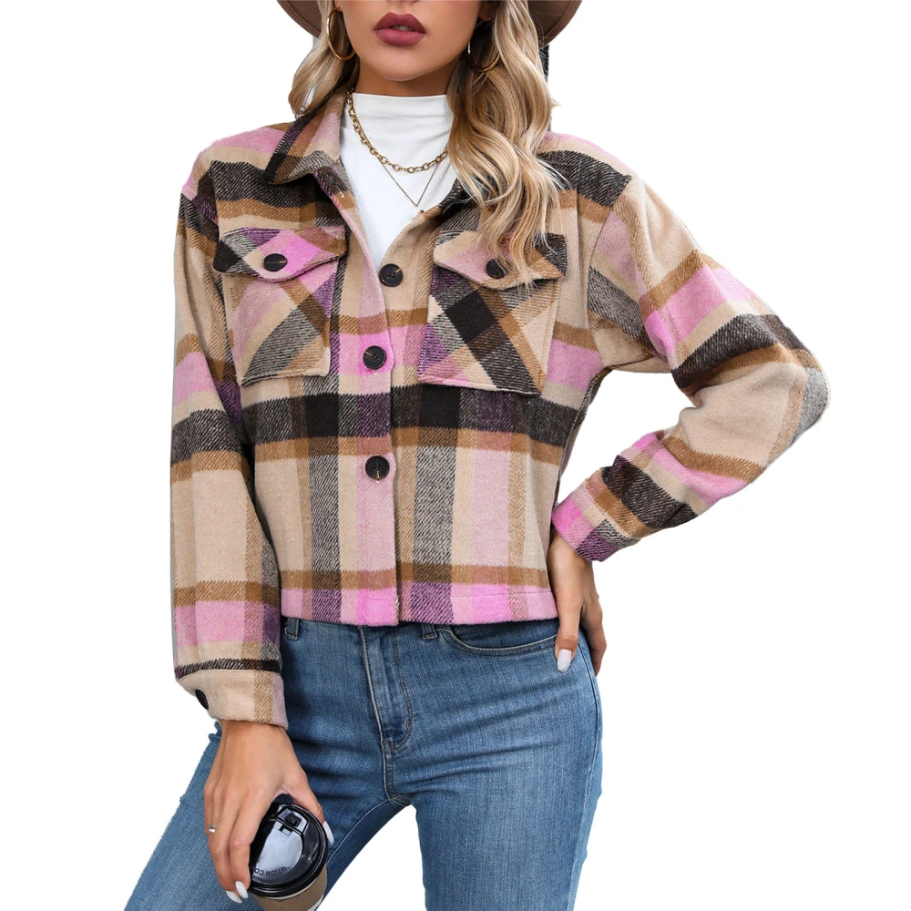 Women Jacket Turn Down Collar Long Sleeve Side Pockets Plaid Button Down Coat Top For Spring Autumn Pink L