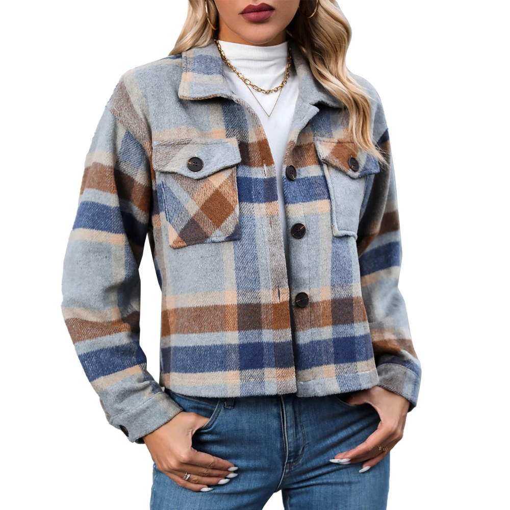 Women Jacket Turn Down Collar Long Sleeve Side Pockets Plaid Button Down Coat Top For Spring Autumn Khaki S