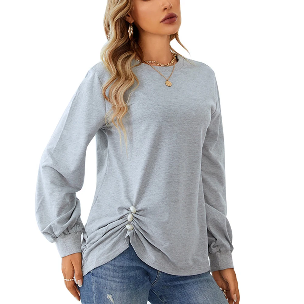 Woman Round Neck Blouse Side Button Pleated Latern Long Sleeve Solid Color for Party Shopping Travel Outdoor Work Light Gray M