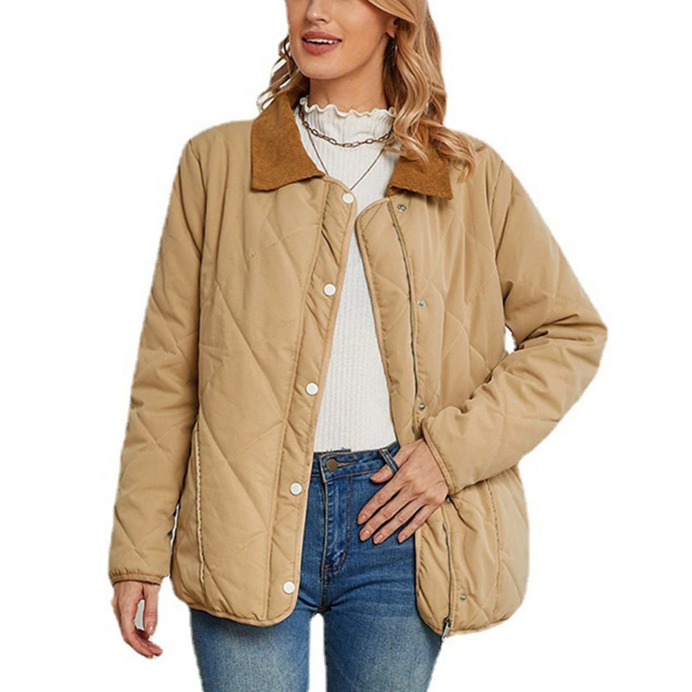 Women Winter Jacket Turn Down Collar Single Breasted Button Pocket Long Sleeve Padded Coat for Gathering Shopping Apricot L