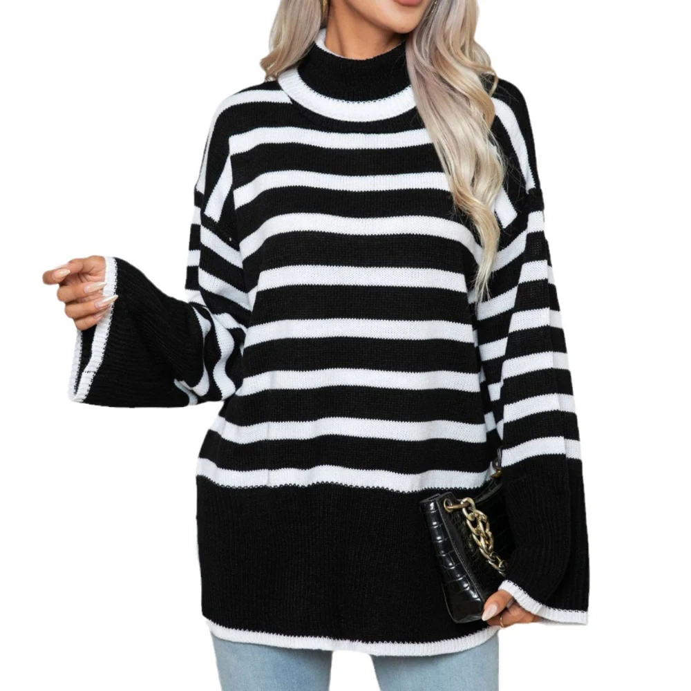 Women Sweater High Neck Long Sleeves Strip Pattern Loose Fit Knit Pullover Knitwear for Winter Fall Black Base White Stripe XL