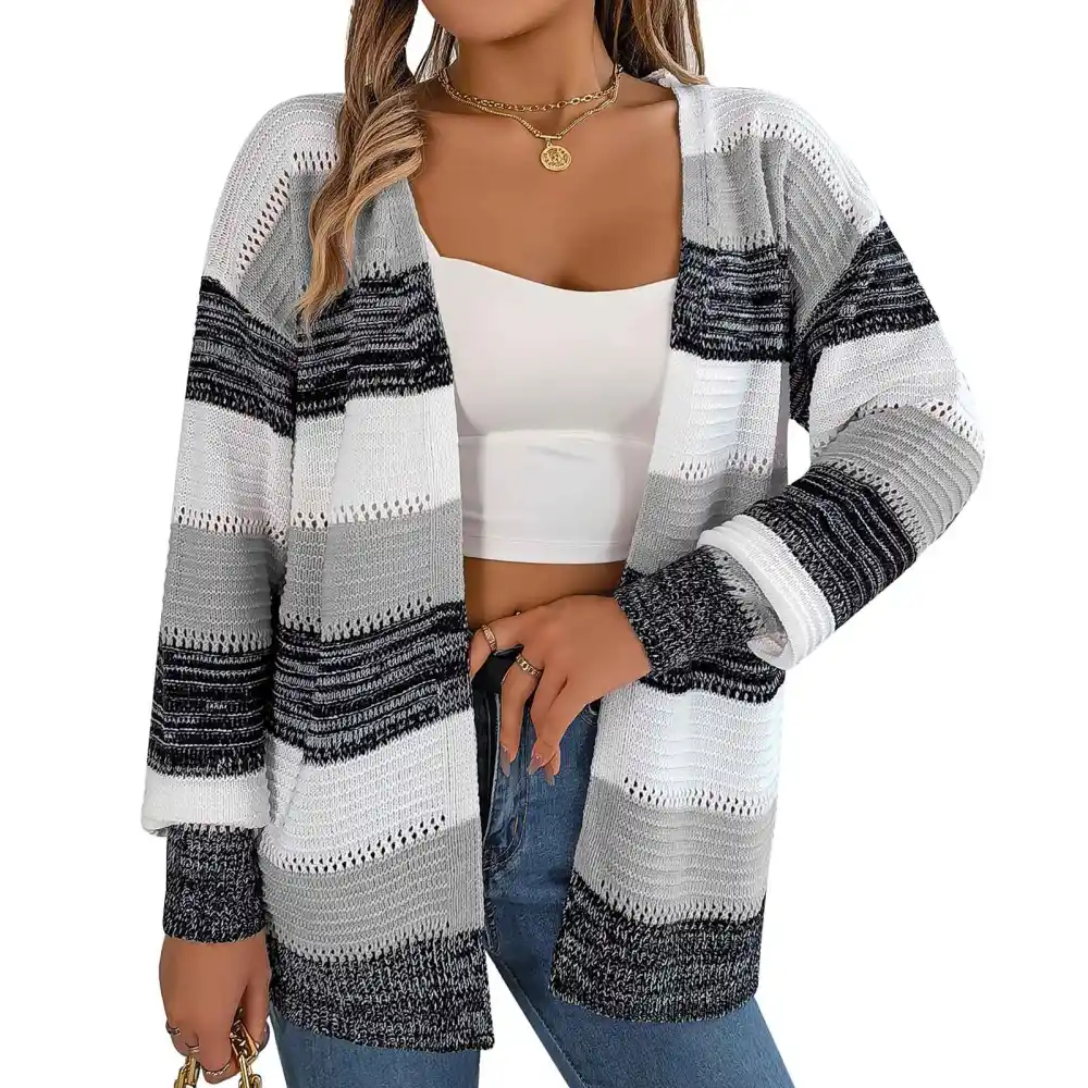 Women Striped Knitted Coat Color Blocking Hollow Holes Long Sleeves Loose Fitting Sweater Jacket Grey L