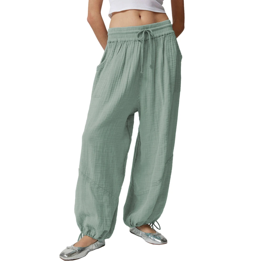 Women Tapered Cuff Pants Drawstring Elastic Waist Loose Fit Pure Color Slacks with Side Pockets Tender Green XL