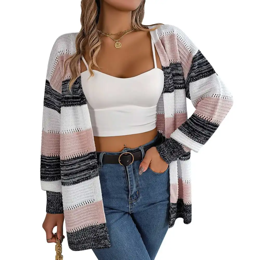 Women Striped Knitted Coat Color Blocking Hollow Holes Long Sleeves Loose Fitting Sweater Jacket Pink M