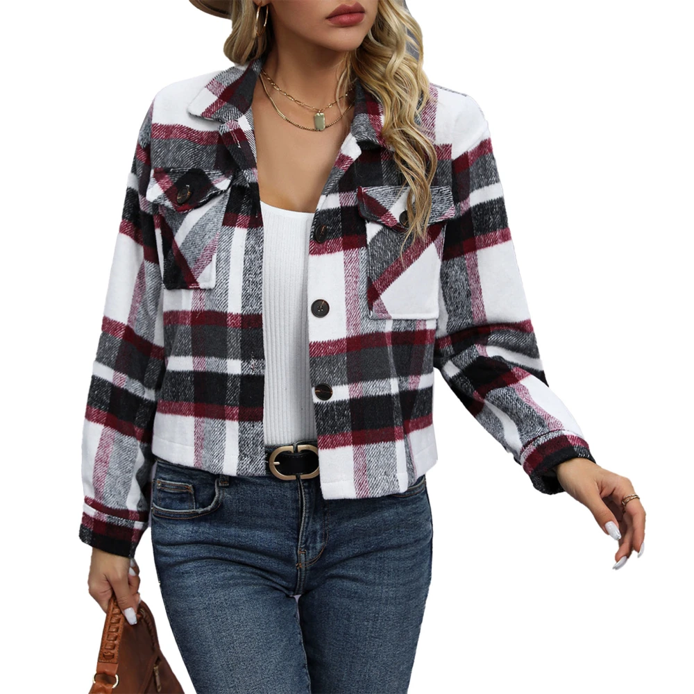 Women Jacket Turn Down Collar Long Sleeve Side Pockets Plaid Button Down Coat Top For Spring Autumn Black M