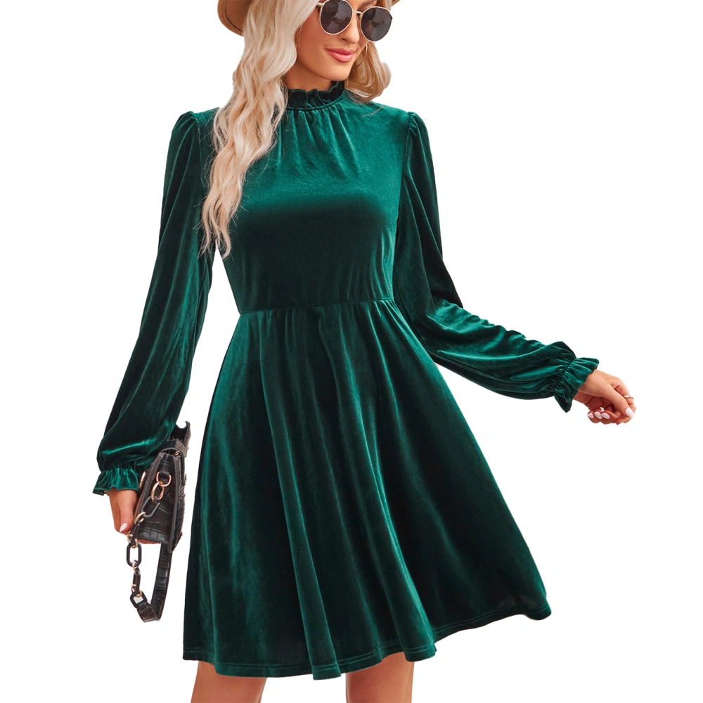 Velvet Mini Dress Long Puff Sleeve High Neck Pure Color Ruched Cocktail Dress for Party Shopping Dark Green M