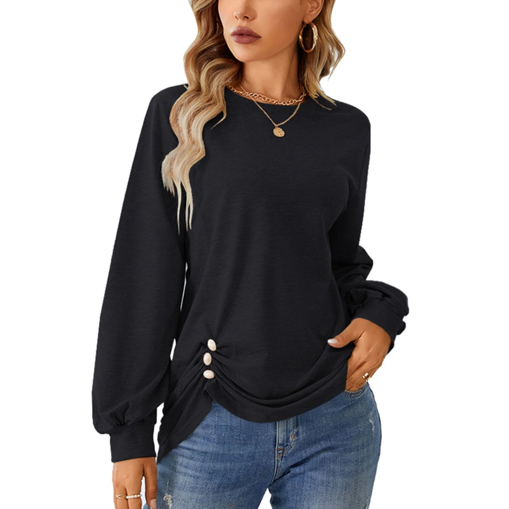 Woman Round Neck Blouse Side Button Pleated Latern Long Sleeve Solid Color for Party Shopping Travel Outdoor Work Black L