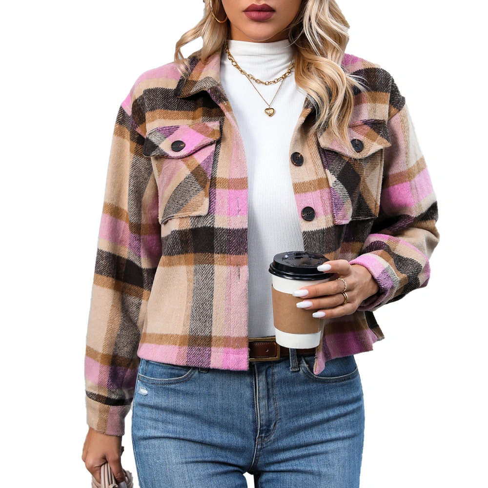 Short Plaid Jacket Fashion Casual Women Check Coat Turndown Collar Long Sleeve with Pocket Pink XL