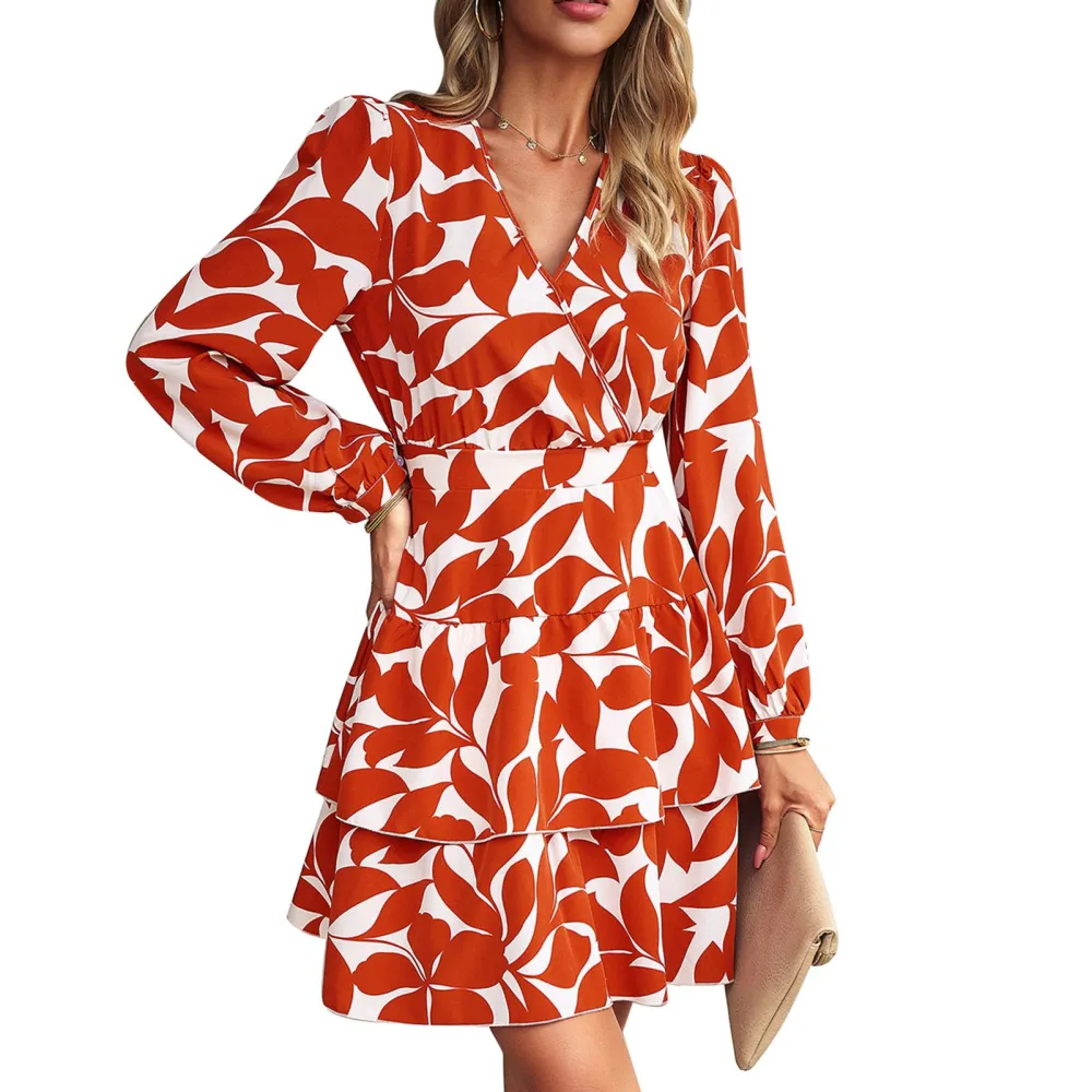 Print Long Sleeve Dress V Neck Waist Slim Tiered Ruffles Fashionable Elegant Dress for Party Vacation Brown XL