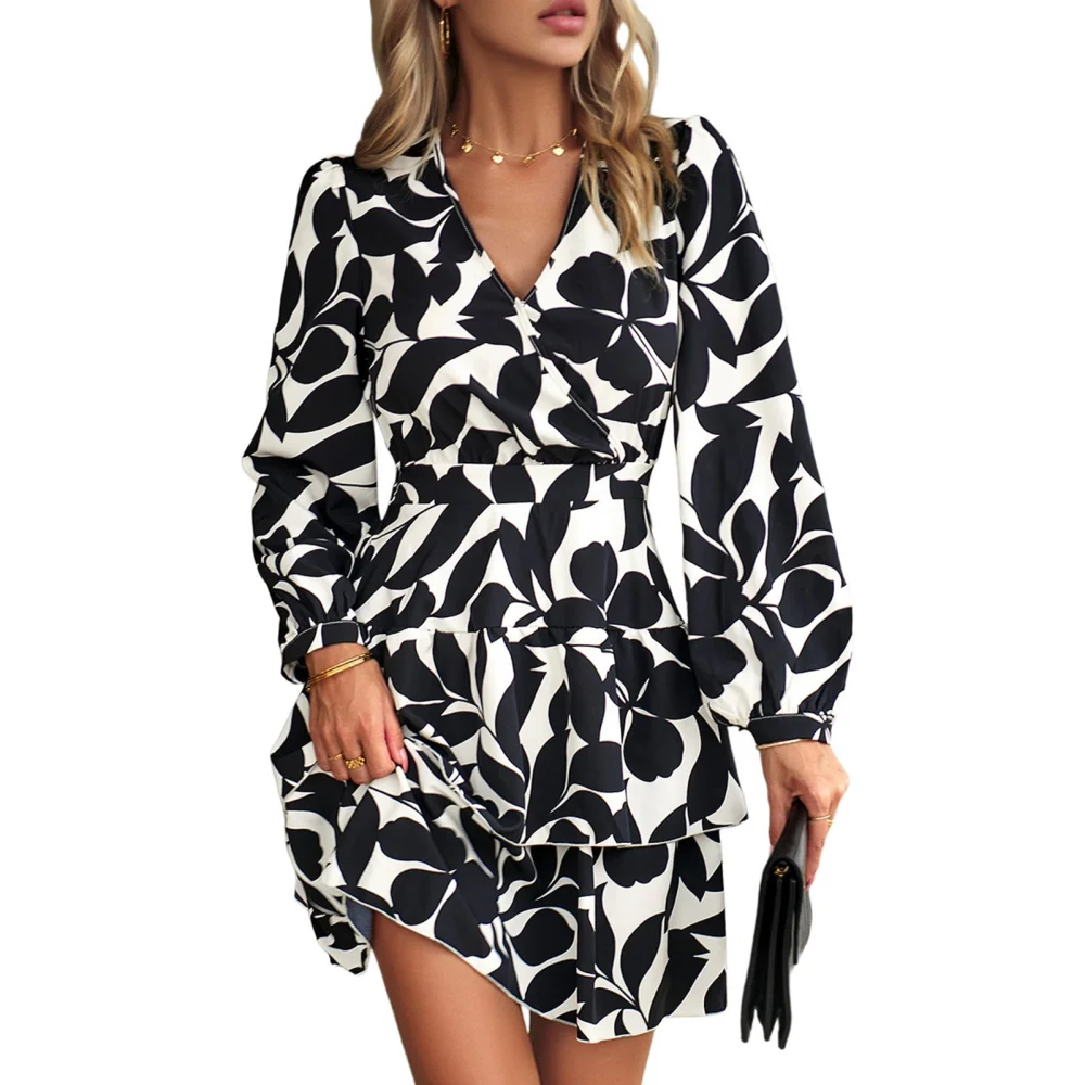 Print Long Sleeve Dress V Neck Waist Slim Tiered Ruffles Fashionable Elegant Dress for Party Vacation Black S