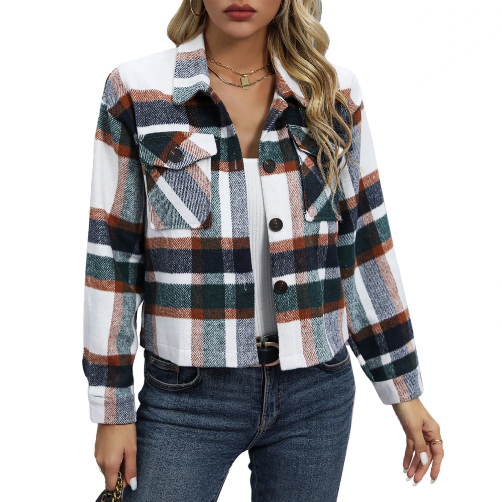 Women Jacket Turn Down Collar Long Sleeve Side Pockets Plaid Button Down Coat Top For Spring Autumn Green M