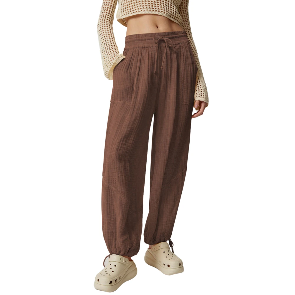 Women Tapered Cuff Pants Drawstring Elastic Waist Loose Fit Pure Color Slacks with Side Pockets Coffee S