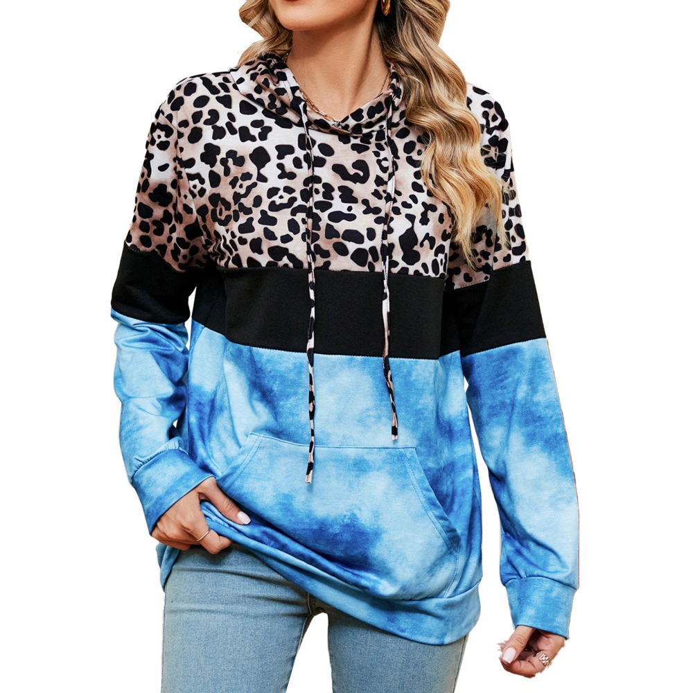 Women Drawstring Hoodie Stitching Sweatshirts Print Stitching Color Block Long Sleeve Loose Pullover Sweatshirt Blue XL