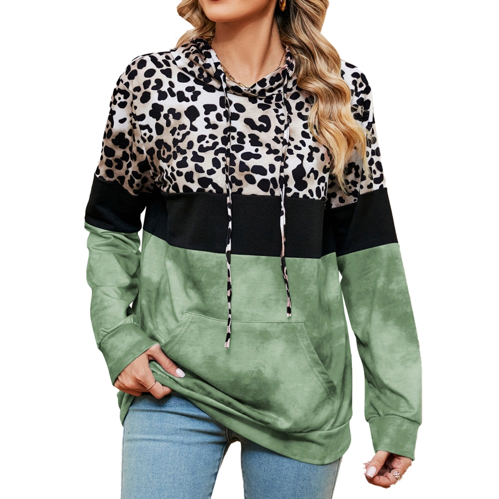 Women Drawstring Hoodie Stitching Sweatshirts Print Stitching Color Block Long Sleeve Loose Pullover Sweatshirt Green XL