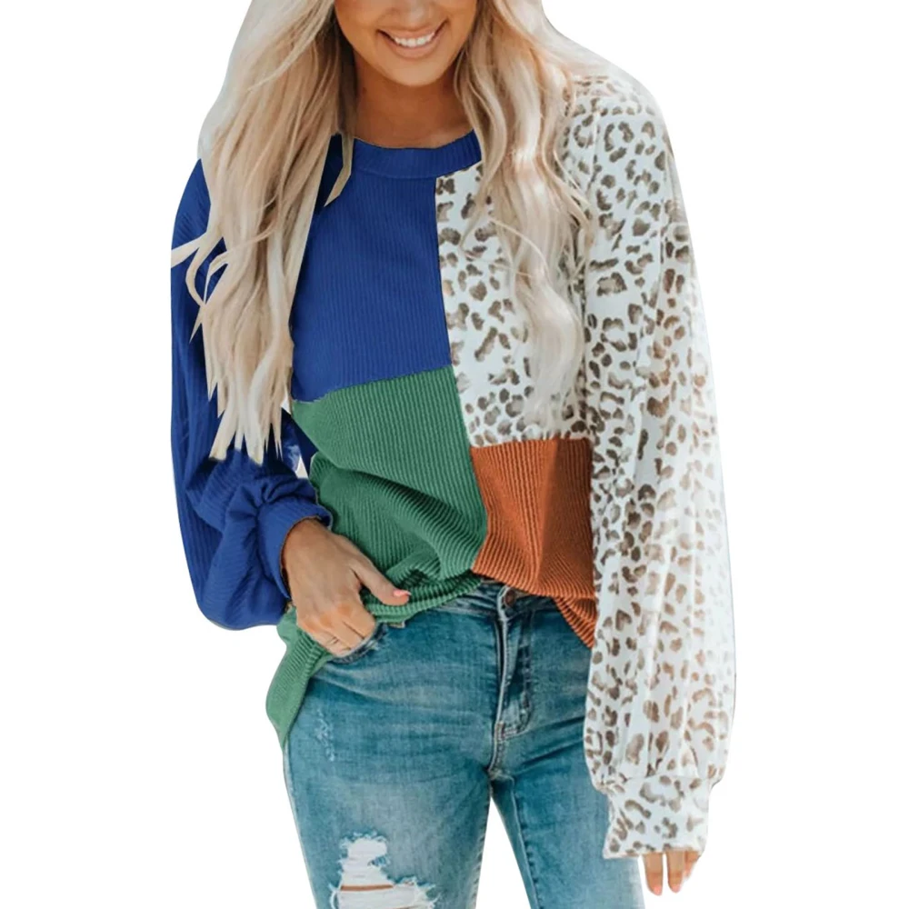 Women Color Block Pullover Leopard Print Round Neck Long Sleeve Loose Fit Pullover Sweatshirt Blue L