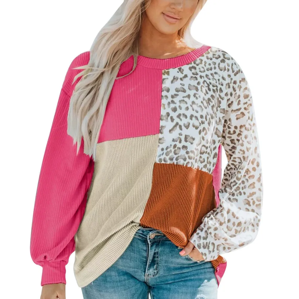 Women Color Block Pullover Leopard Print Round Neck Long Sleeve Loose Fit Pullover Sweatshirt Rose Red XL