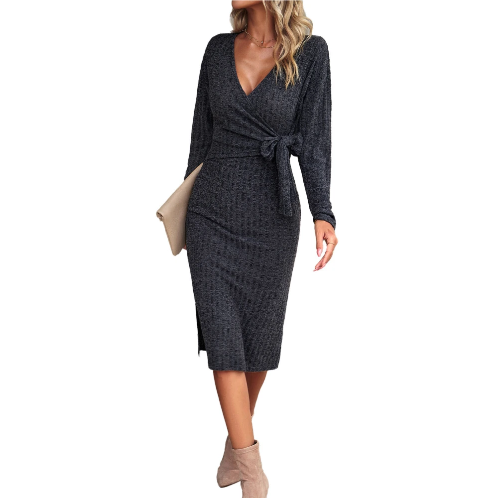 Women Midi Dress Long Sleeve V Neck Knitted Dress for Casual Evening Date Party Travel Wedding Dark Gray XL