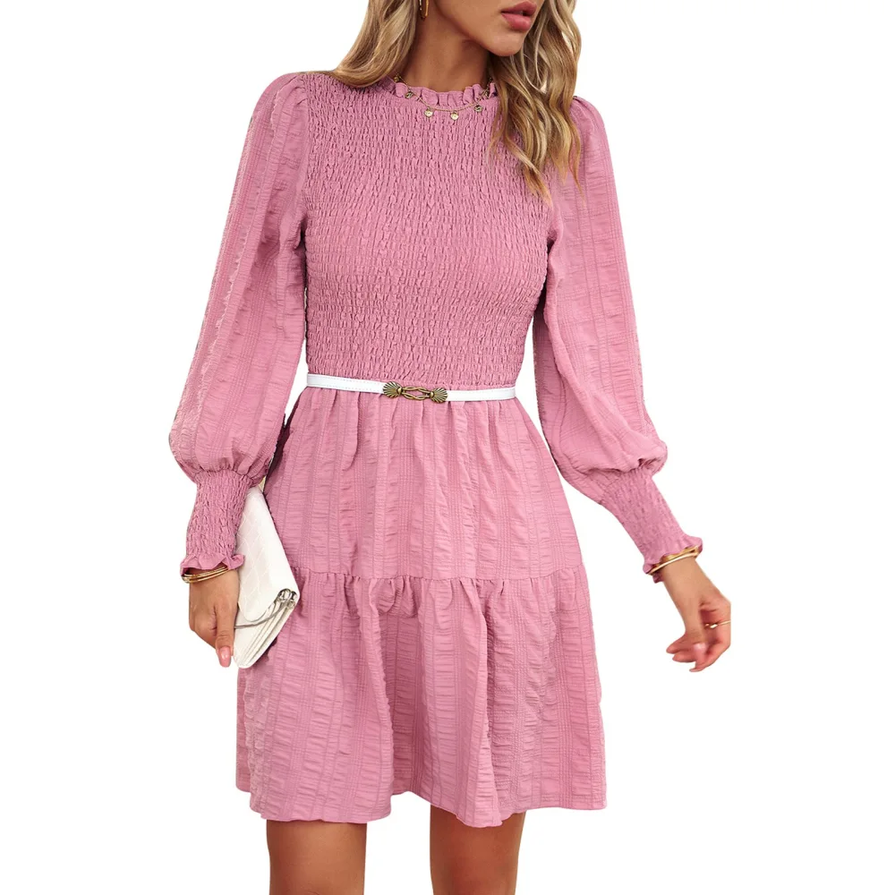 Women Shirred Short Dress Pure Color Round Neck Lantern Long Sleeves Dress for Summer Travel Pink XL