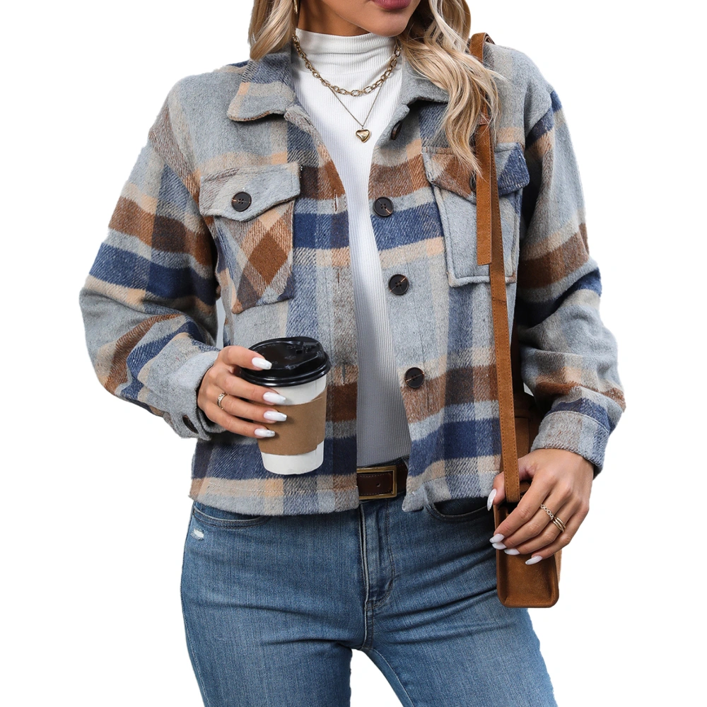 Short Plaid Jacket Fashion Casual Women Check Coat Turndown Collar Long Sleeve with Pocket Khaki L