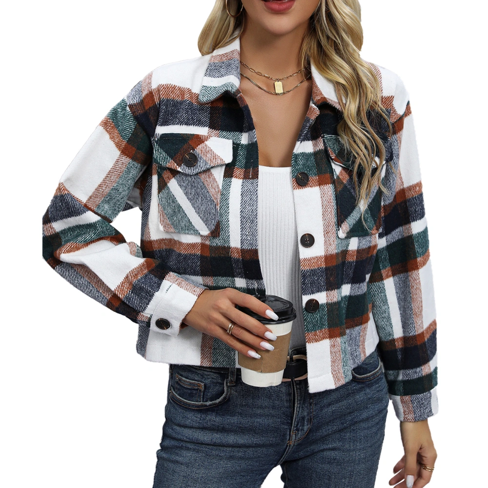 Short Plaid Jacket Fashion Casual Women Check Coat Turndown Collar Long Sleeve with Pocket Green XL