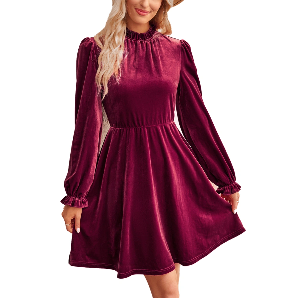 Velvet Mini Dress Long Puff Sleeve High Neck Pure Color Ruched Cocktail Dress for Party Shopping Wine Red XL