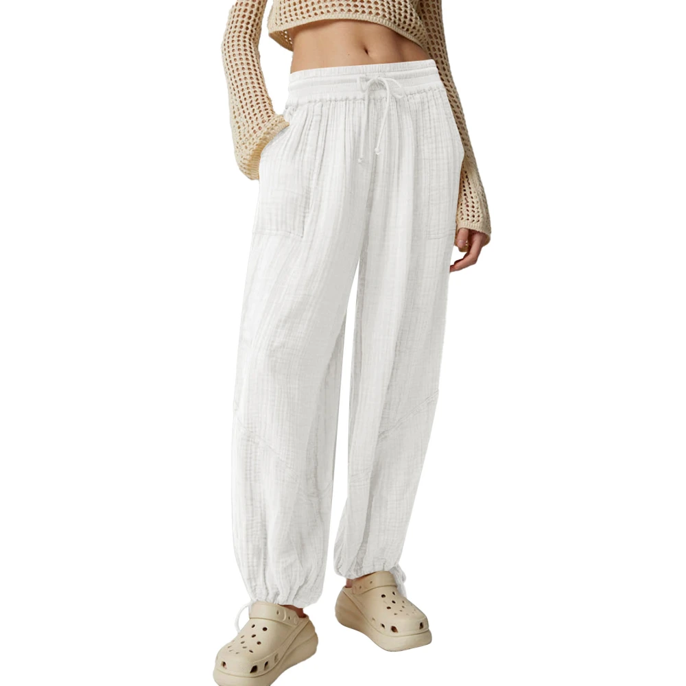 Women Tapered Cuff Pants Drawstring Elastic Waist Loose Fit Pure Color Slacks with Side Pockets White S