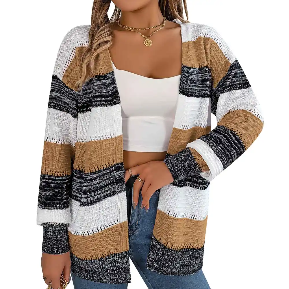 Women Striped Knitted Coat Color Blocking Hollow Holes Long Sleeves Loose Fitting Sweater Jacket Khaki L