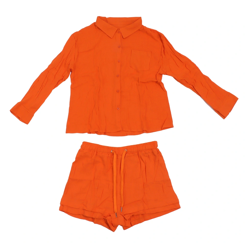 Women Lounge Set 2 Piece Outfits Long Sleeves Button Down Blouse with High Waist Drawstring Shorts Orange XL