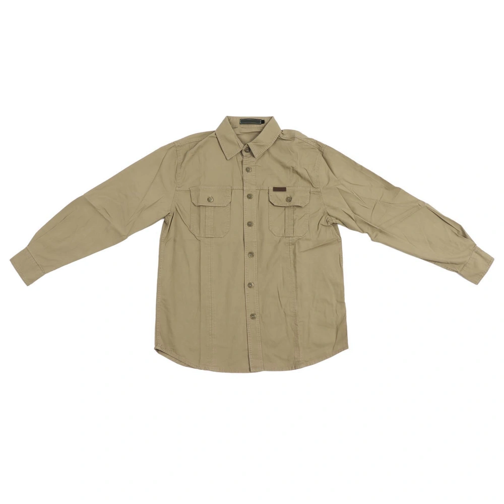 Men Casual Shirt with Pockets Long Sleeve Turndown Collar Shirt Loose Top for Home Leisure and Outdoor Work Khaki XXL