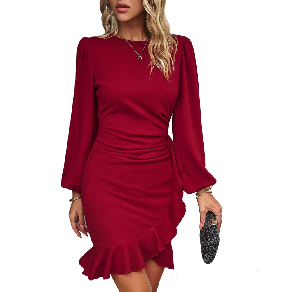 Woman Lantern Long Sleeves Dress Solid Round Neck High Waist Ruched Wrap Bodycon Dress Wine Red L