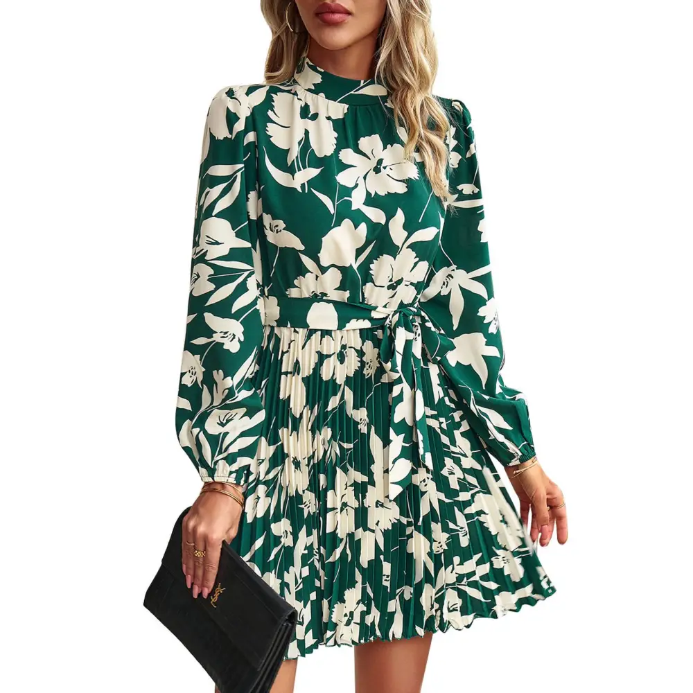 Women Printed Dress with Waistband Long Sleeves Half High Collar Dress Pleated Hem Short Dress Green M