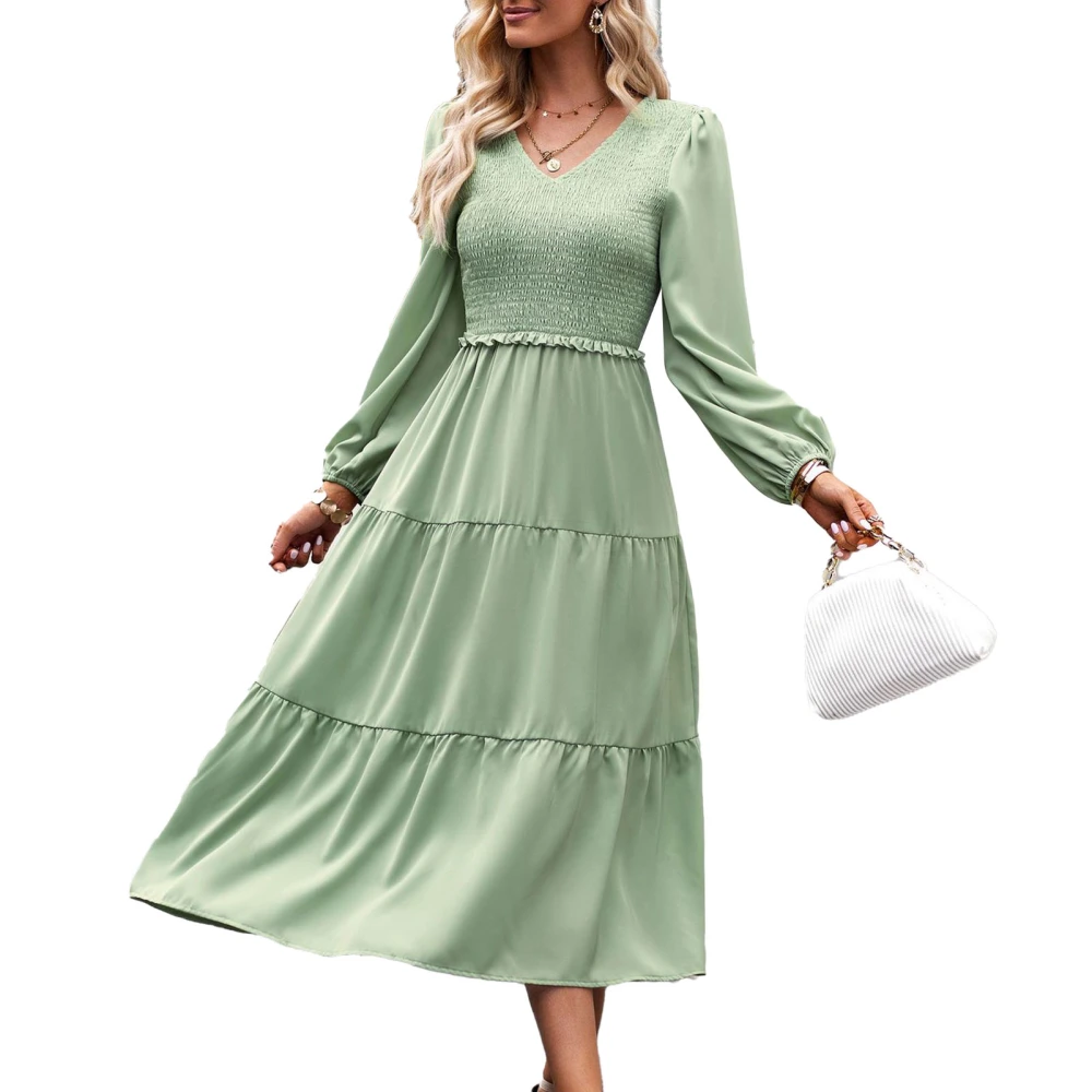 Women Dress One Piece V Neck Pure Color Shirred Design Long Sleeves Skirt for Summer Travel Light Green S