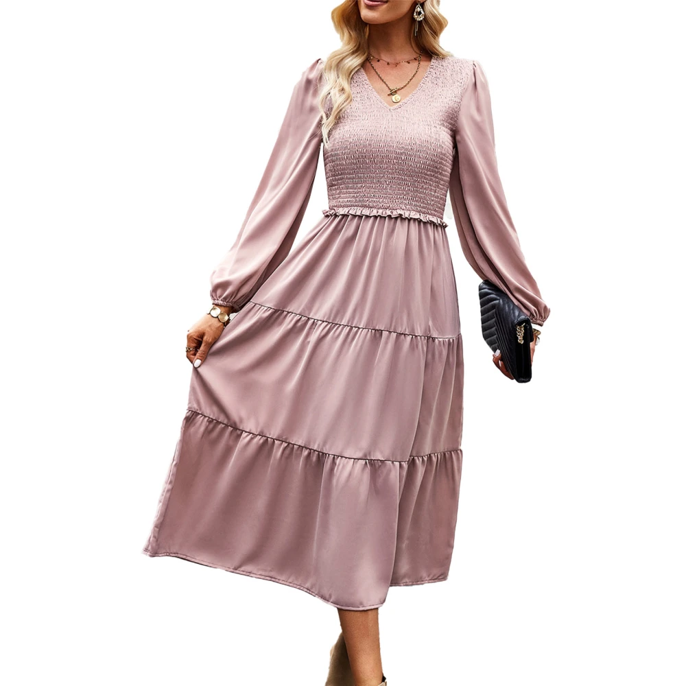 Women Dress One Piece V Neck Pure Color Shirred Design Long Sleeves Skirt for Summer Travel Dark Pink S