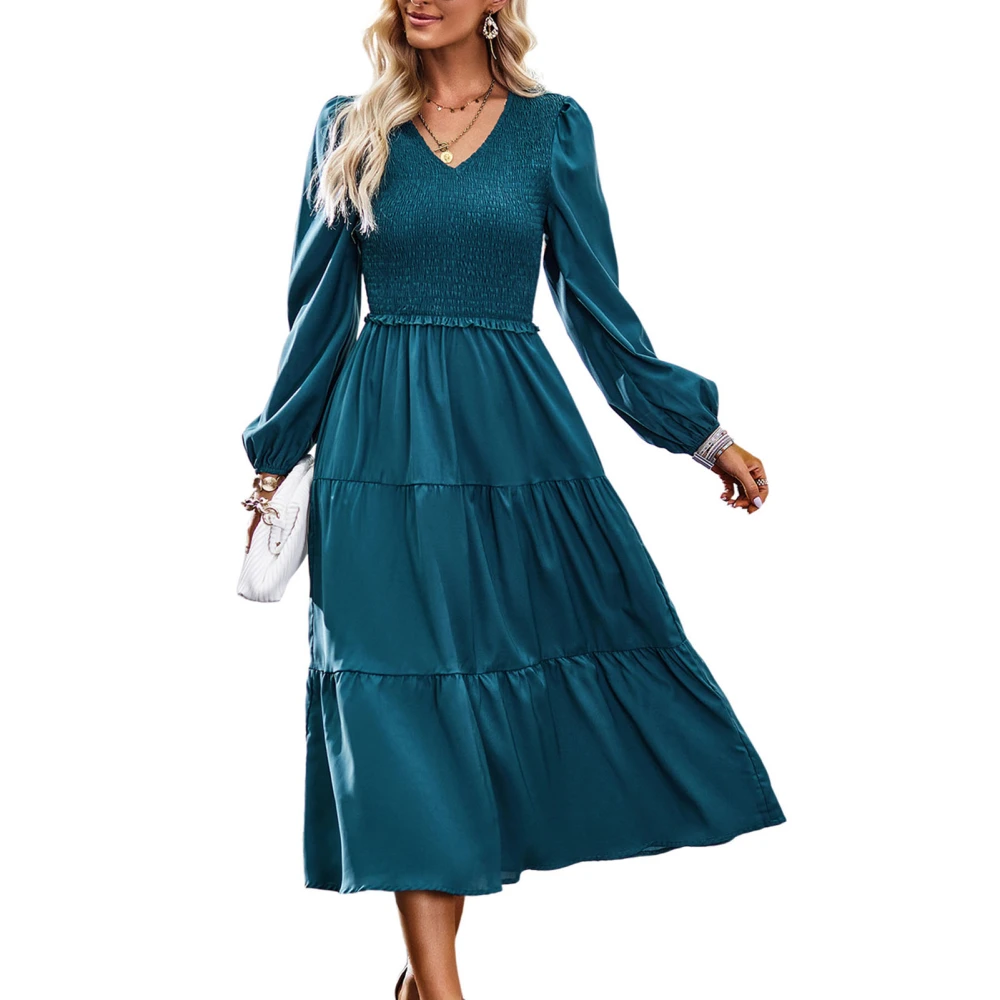 Women Dress One Piece V Neck Pure Color Shirred Design Long Sleeves Skirt for Summer Travel Dark Blue XL