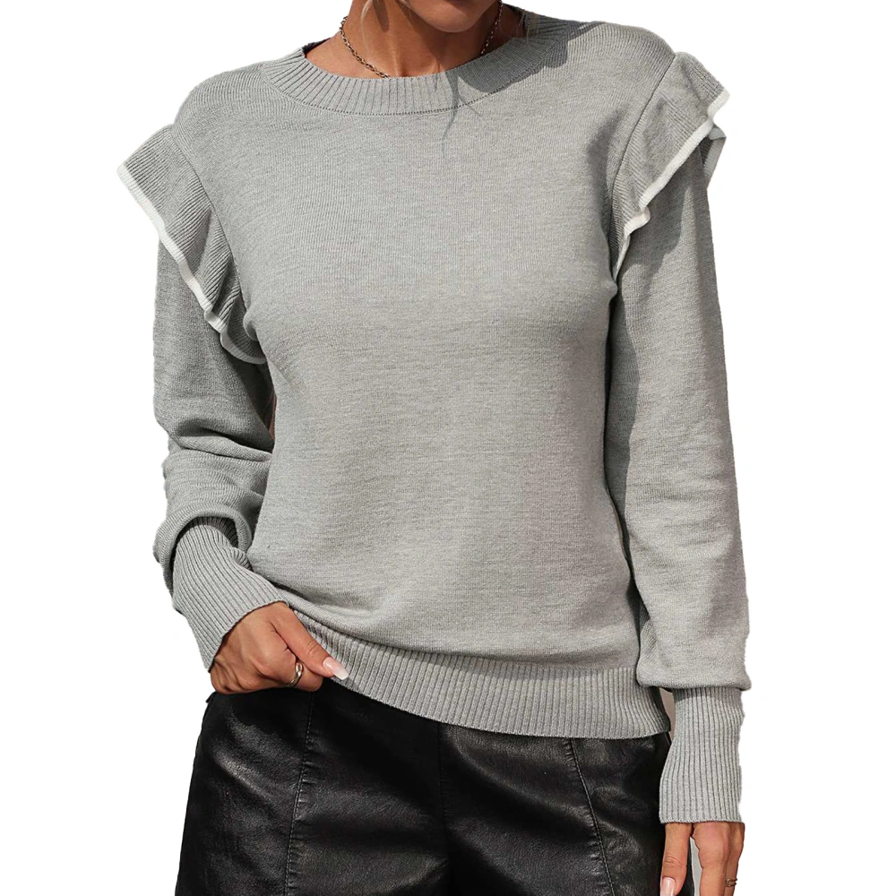 Womens Round Neck Sweaters Long Sleeve Loose Knit Textured Ruffled Pullover Casual Fall Tops Grey M