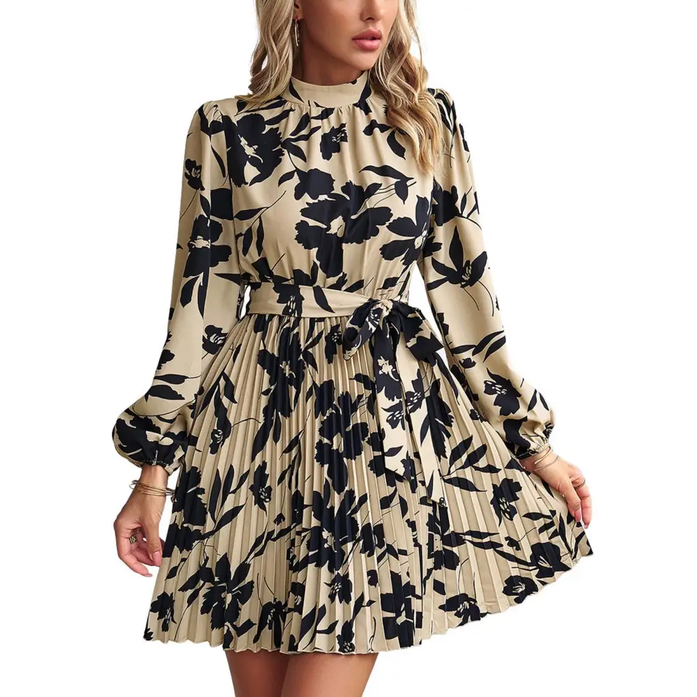 Women Printed Dress with Waistband Long Sleeves Half High Collar Dress Pleated Hem Short Dress Khaki S