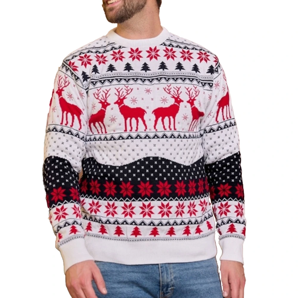 Xmas Snowflake Sweater Long Sleeve Elk Printed Round Neck Warm Knitted Sweater New Year Outdoor Daily White for Men M