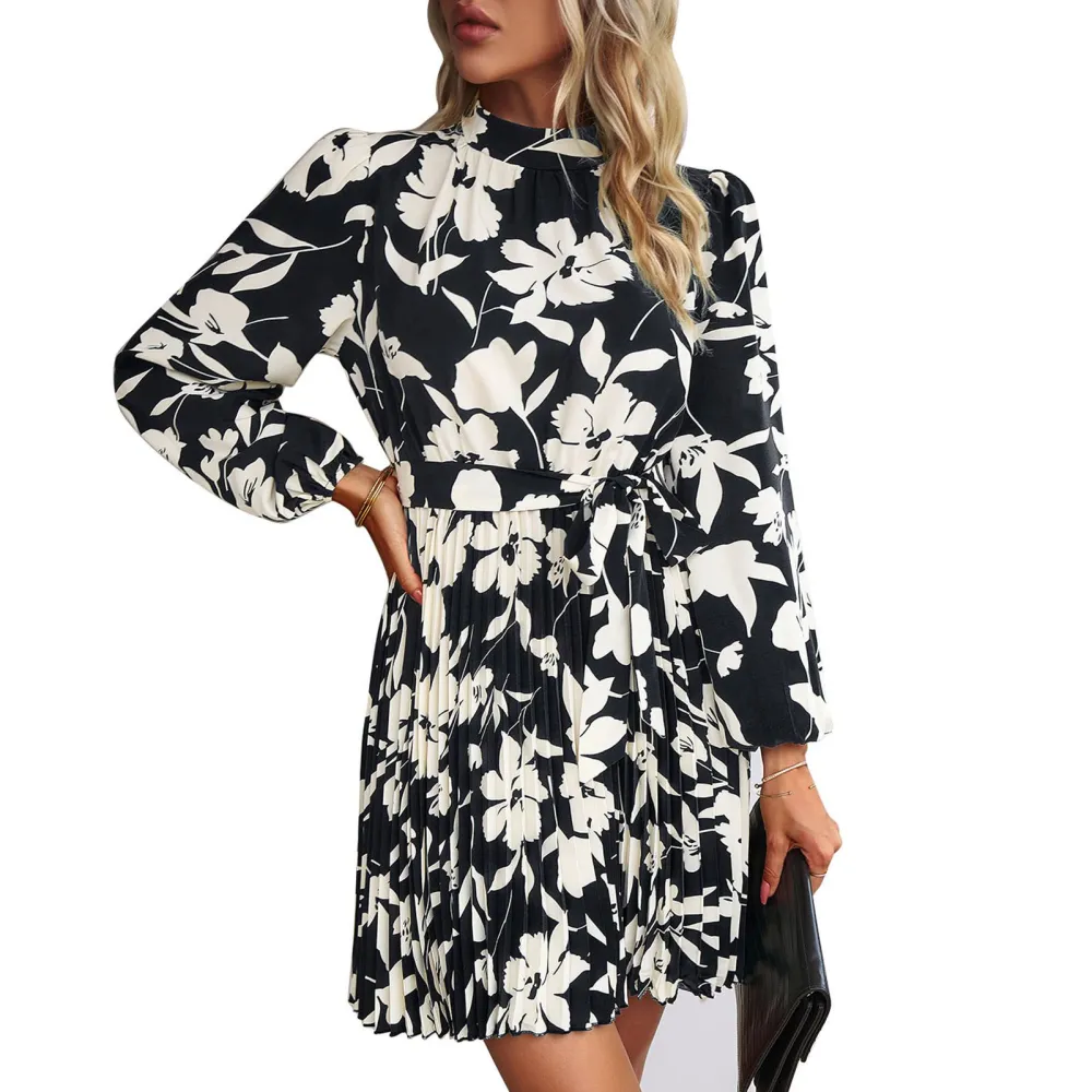 Women Printed Dress with Waistband Long Sleeves Half High Collar Dress Pleated Hem Short Dress Black XL