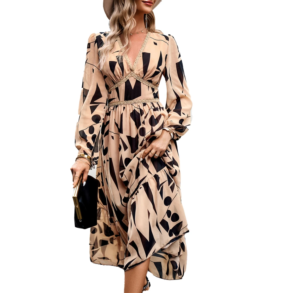 Women Print Long Dress V Neck Ruffle Hem Printed Long Sleeve Loose Casual Waist Dress Brown XL